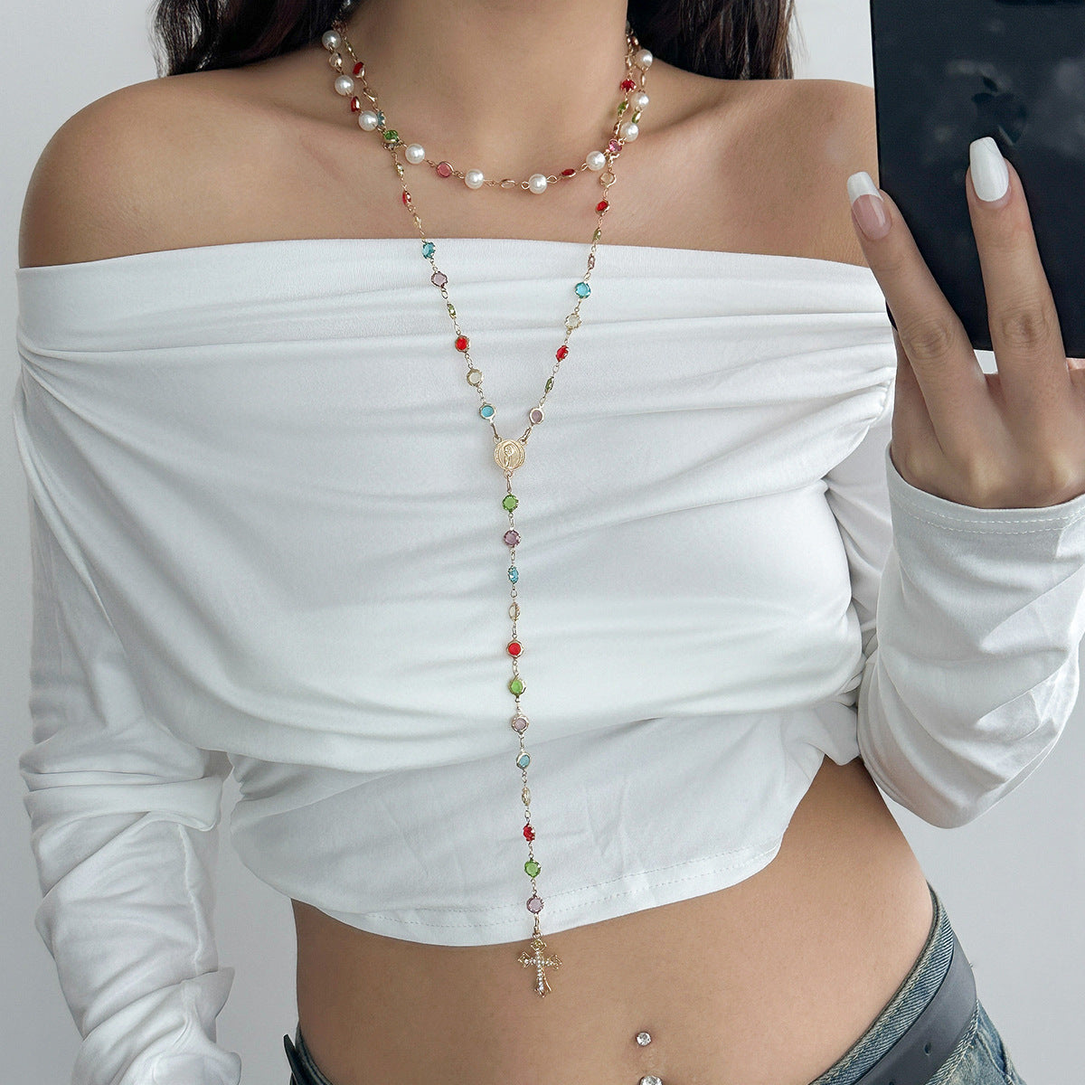 Fashionable tassel Y-shaped chain necklace for women, simple and multi-layered oil dripping bead collarbone chain