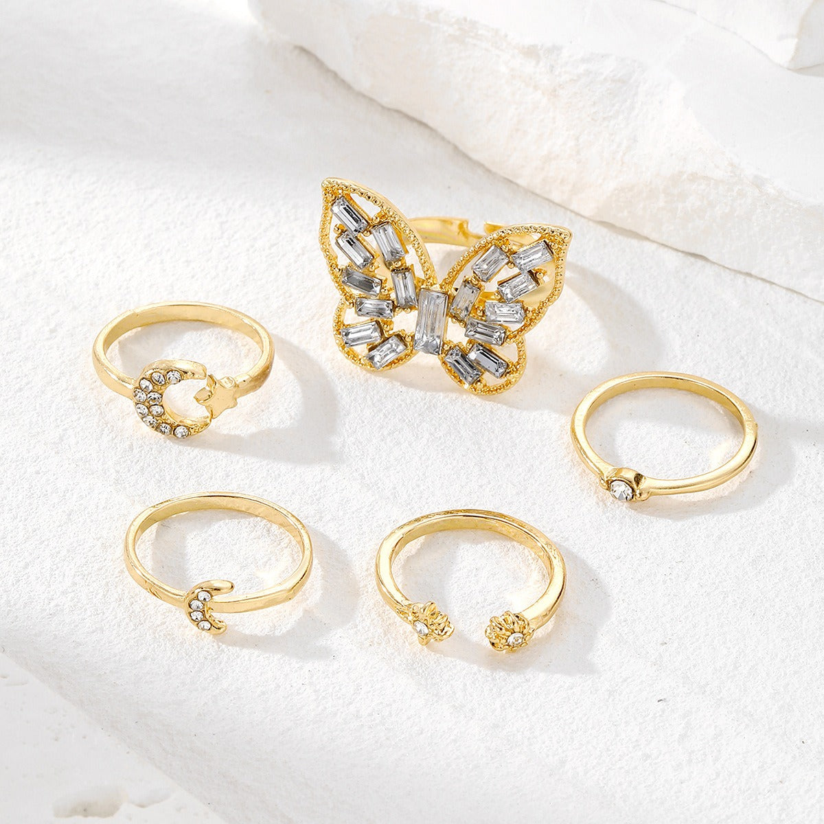 Geometric Joint Alloy Ring Set for Women's Star Moon Diamond Butterfly Ring Set