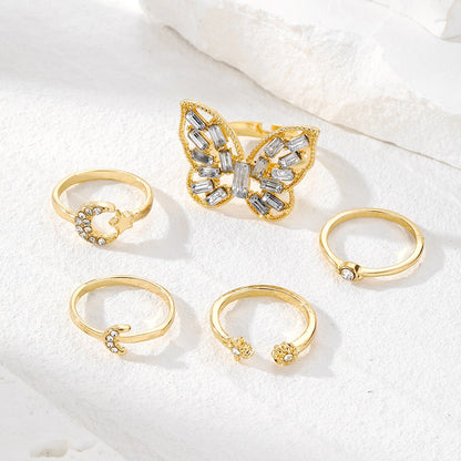Geometric Joint Alloy Ring Set for Women's Star Moon Diamond Butterfly Ring Set