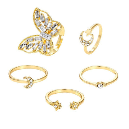 Geometric Joint Alloy Ring Set for Women's Star Moon Diamond Butterfly Ring Set
